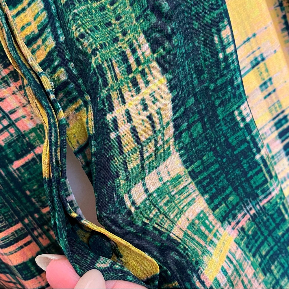 THAKOON yellow peach green print silk button down neck v-neck long sleeve top - Picture 5 of 11